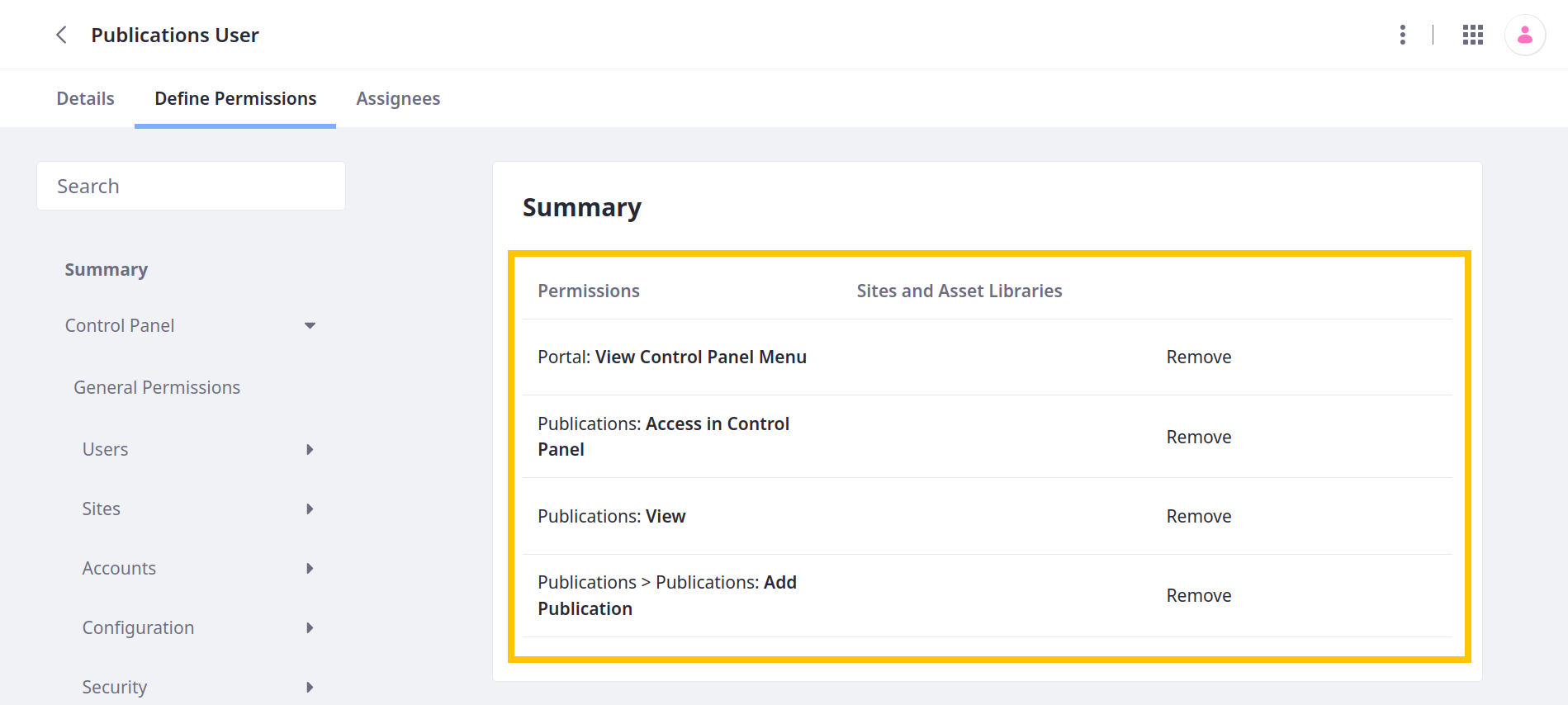 Liferay provides the default Publications User role with these permissions.