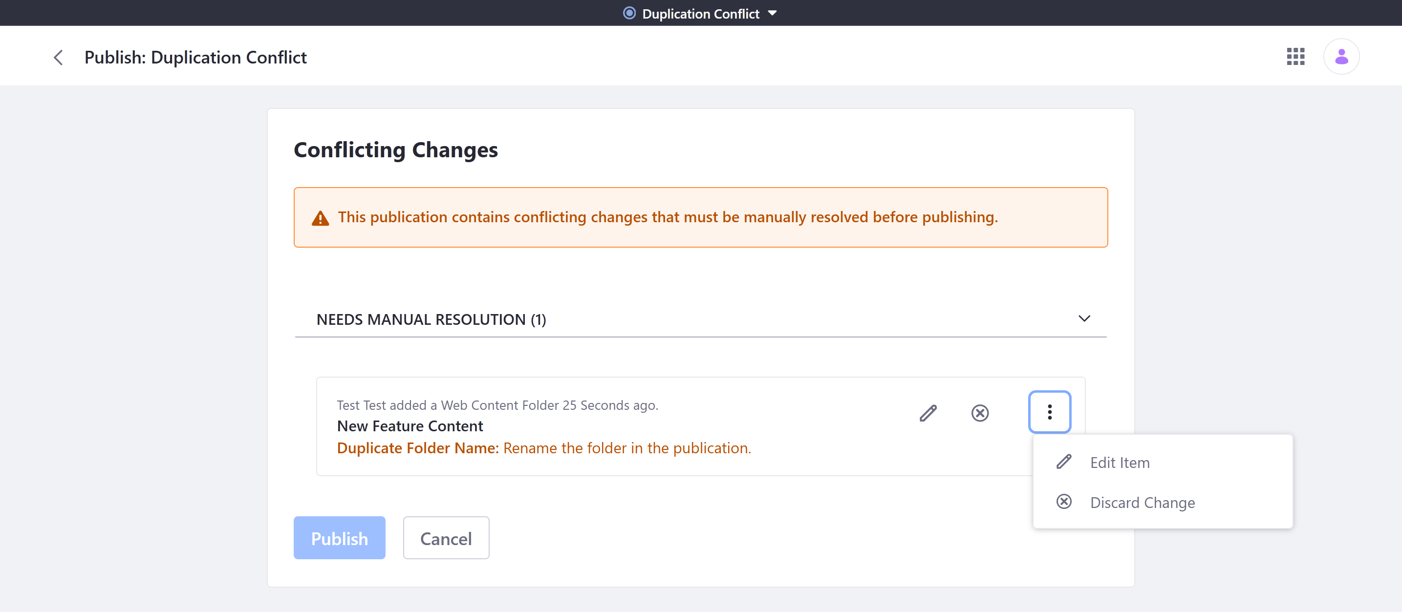Edit or discard the publication's conflicting changes.