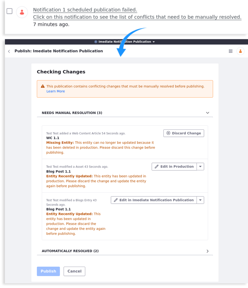 Publications notifies you to resolve Modification conflicts.