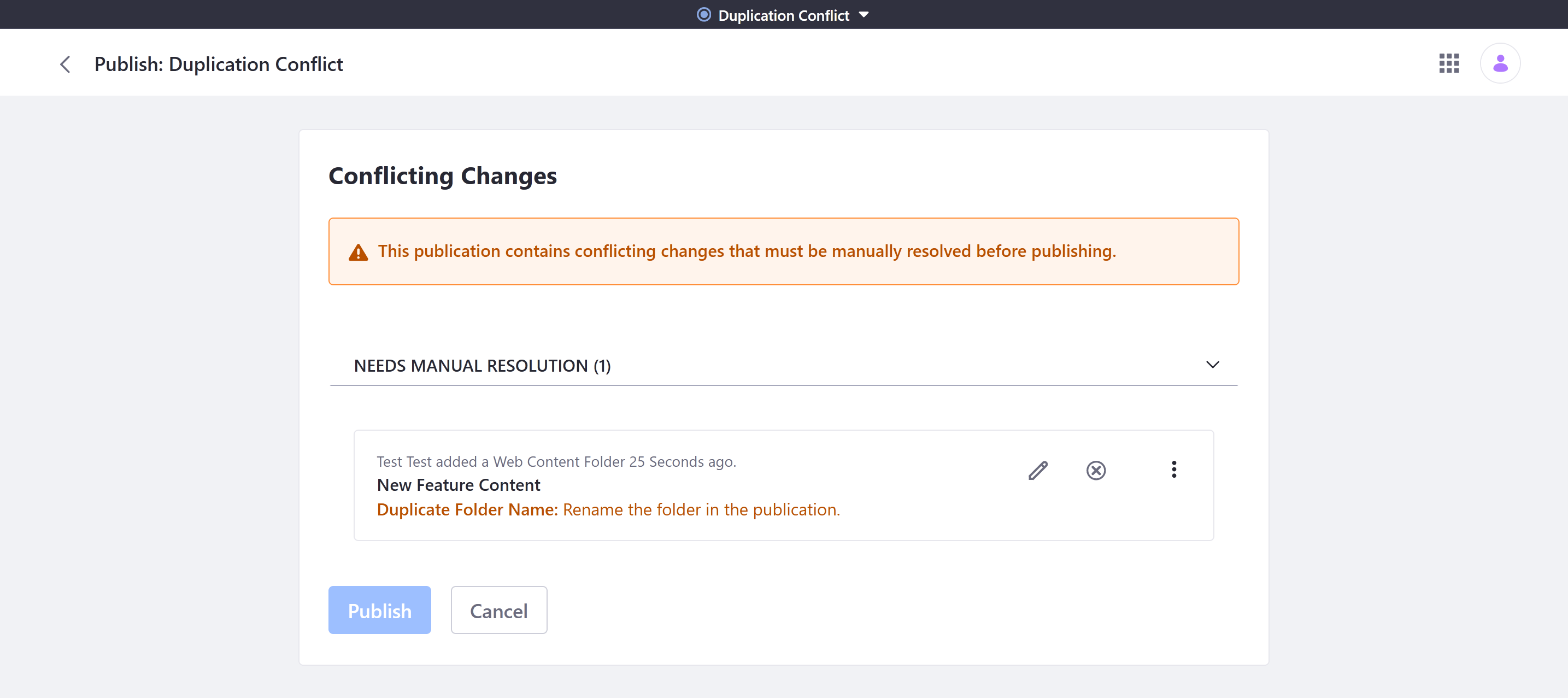 Publications notifies you to resolve Missing Requirement conflicts.