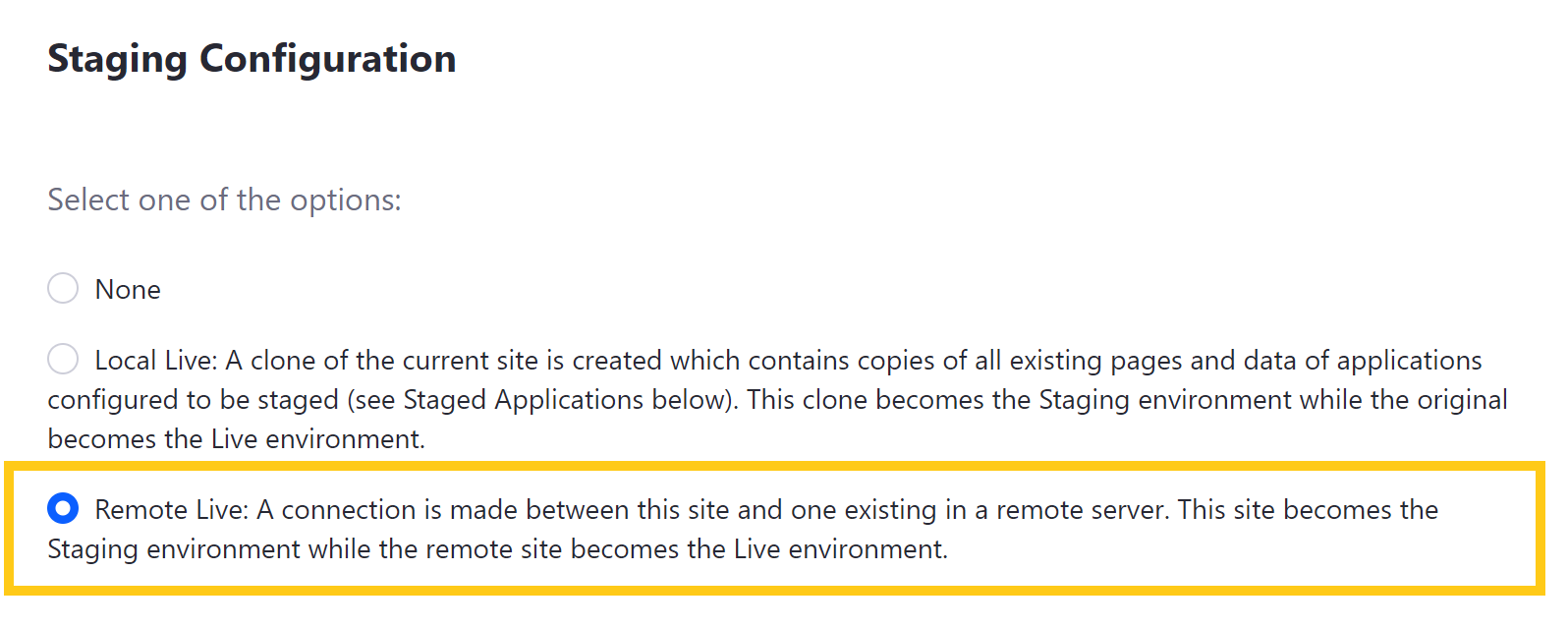 Select Remote Live staging.