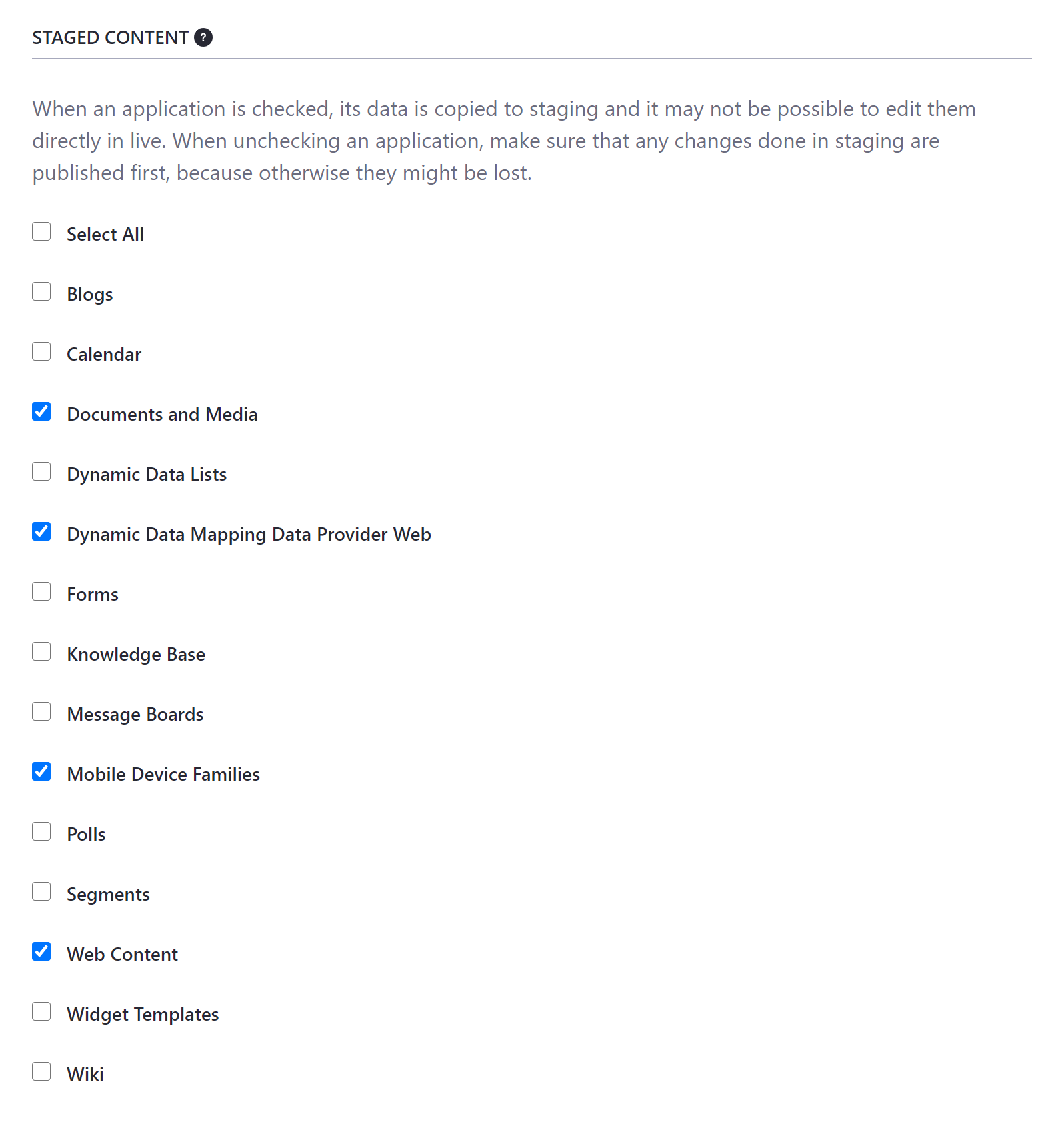 Select the data and content types you want to stage.