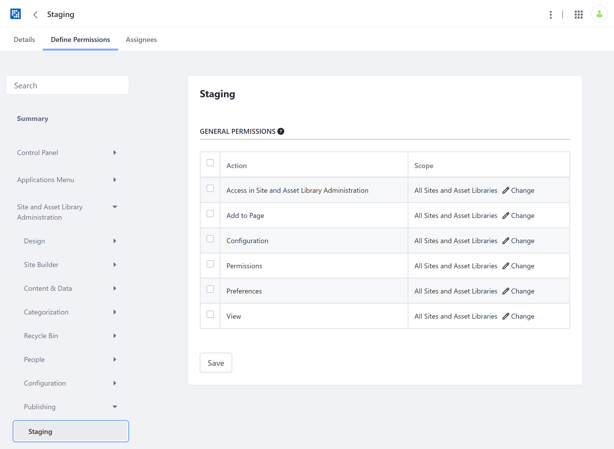 Assign the desired Staging permissions and define their scope