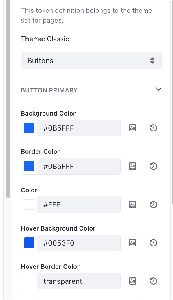 The Button Primary frontend token set includes all of the customizable colors for the main buttons in the Classic theme.