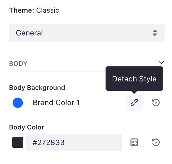 Click the Detach Token button to detach a color field from the Style Book token, but keep the same color value.