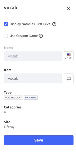 Check Display Name as First Level to make the Vocabulary appear as an element in the Navigation Menu.
