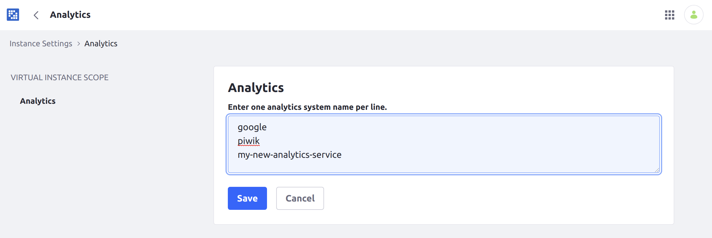 You can enter additional analytics services through Instance Settings.