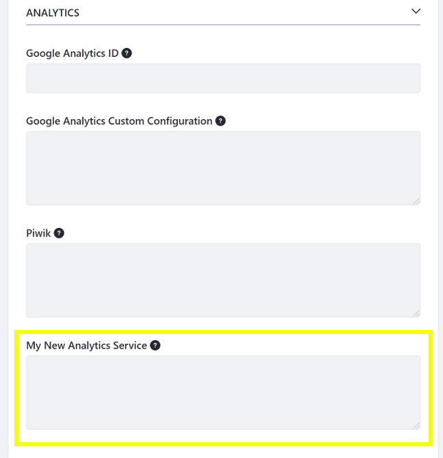The new analytics service appears under the Site's advanced configuration settings.