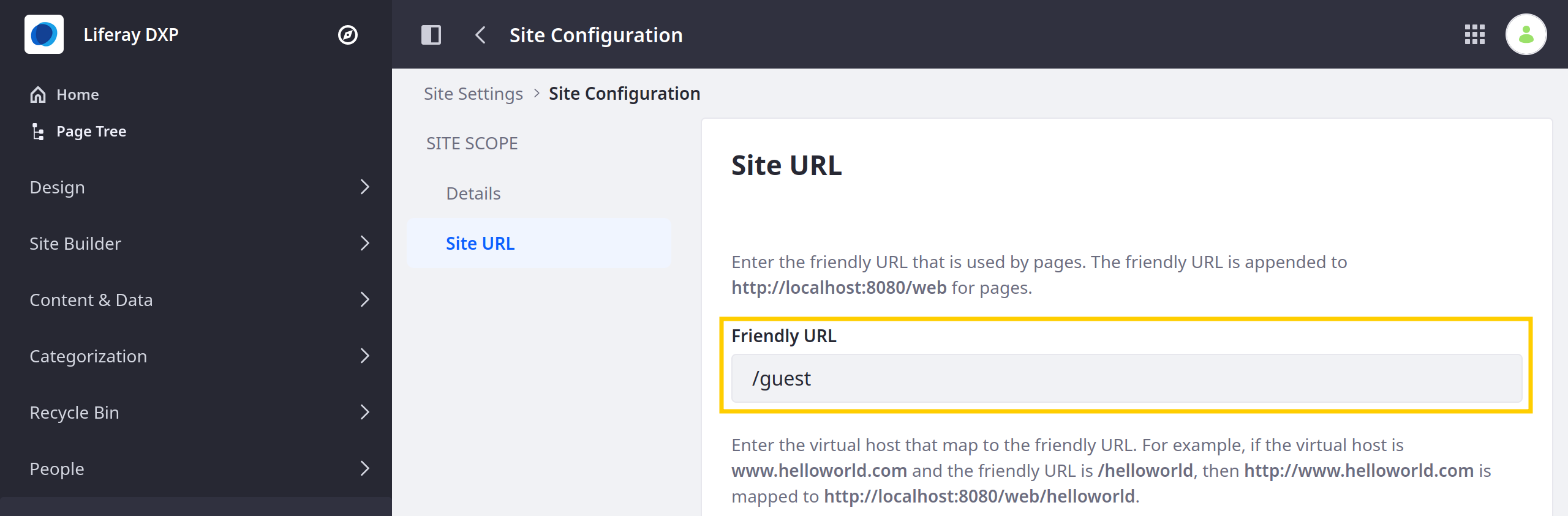 You can configure a friendly URL for your Site.