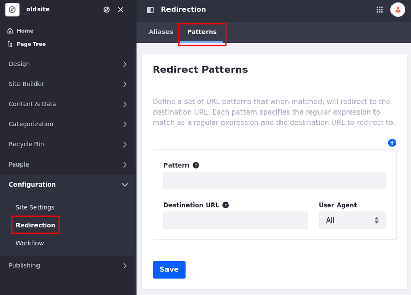 Go to the Patterns tab in the Redirection application.