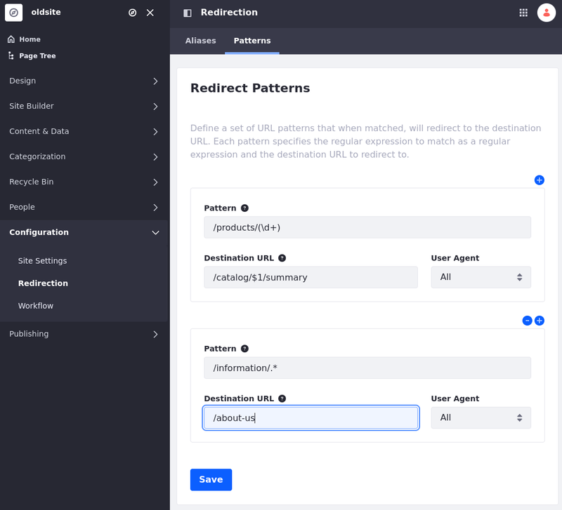 Enter source and destination URLs for your redirect patterns.