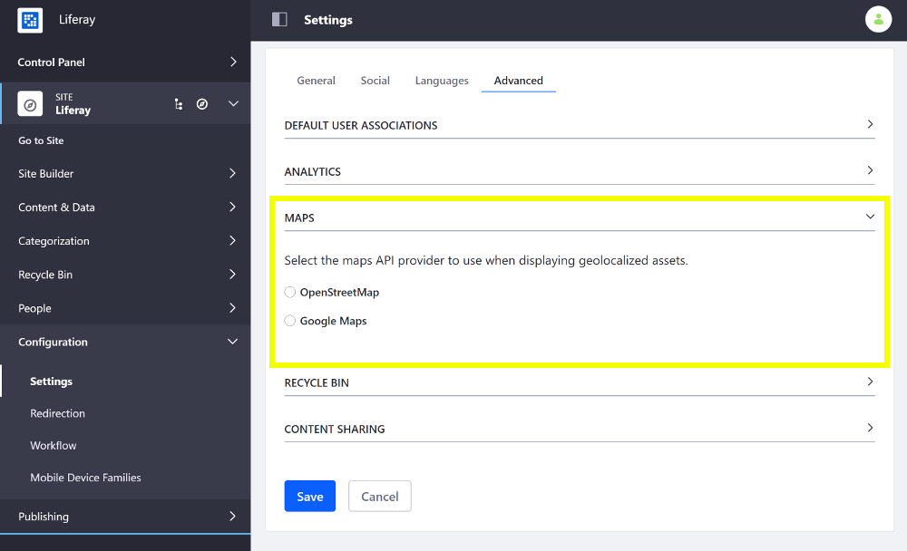 You can configure geolocation for your Site's assets from the Site's Advanced settings.