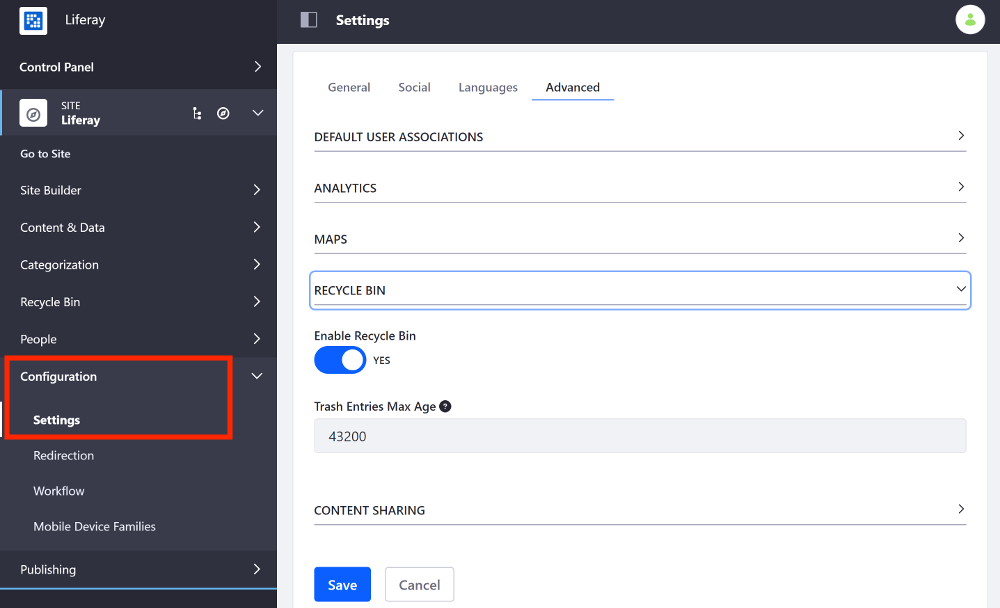 以前のLiferay DXPバージョンでは、［Settings］セクションからゴミ箱オプションを変更します。