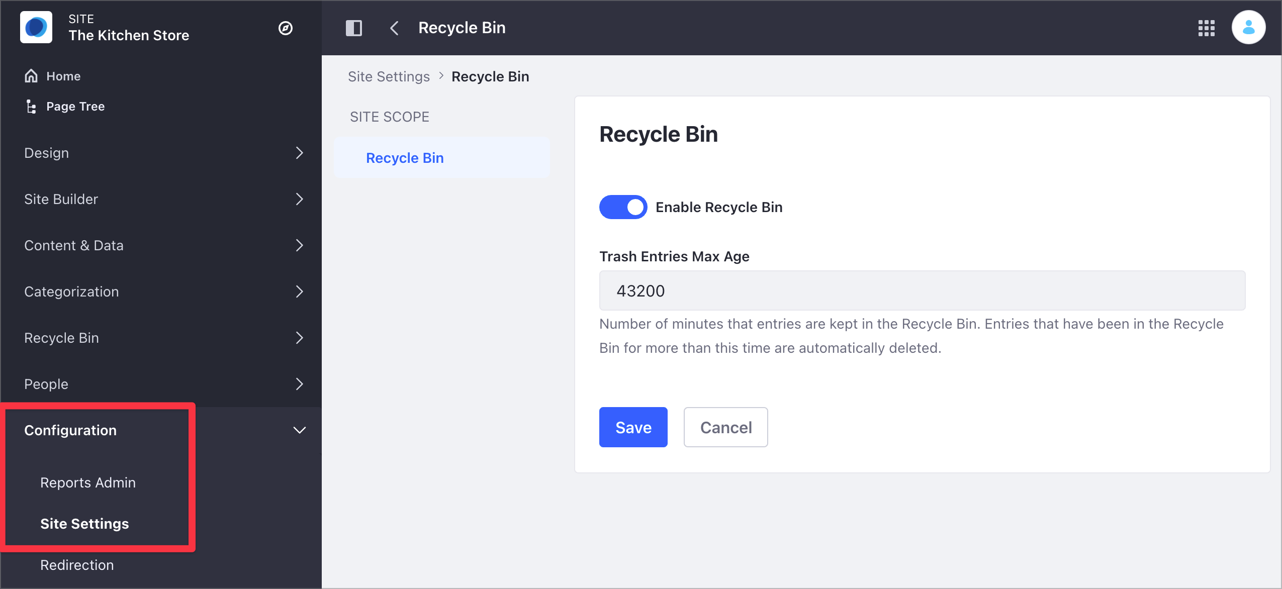 In Liferay DXP 7.4+, change the Recycle Bin options from the Site Settings section.