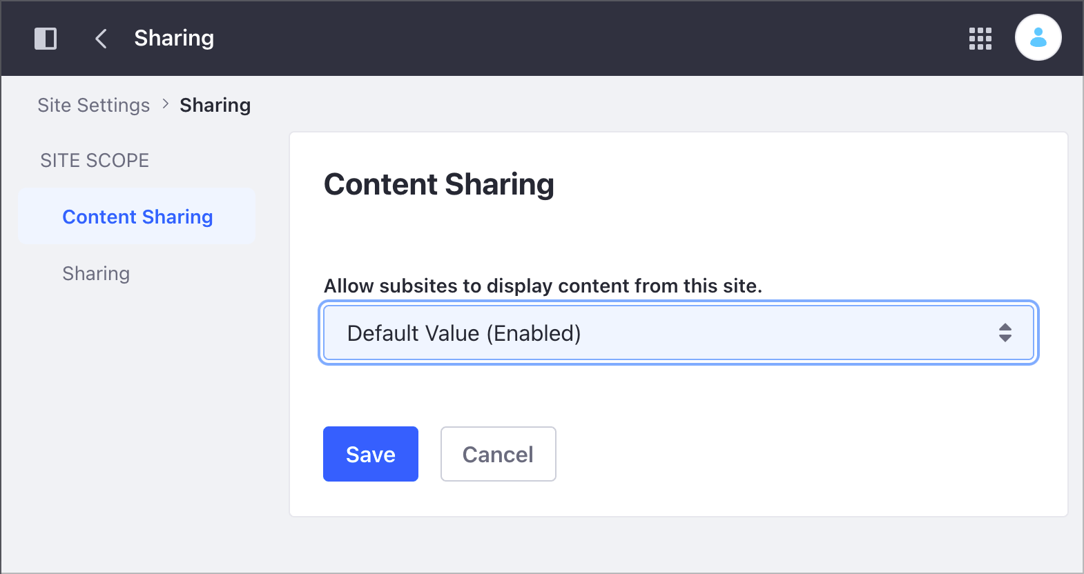 Configure the Content Sharing Settings for your Virtual Instance and Site.