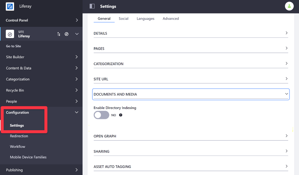 In previous Liferay DXP versions, change the Enable Directory Indexing option from the Settings section.