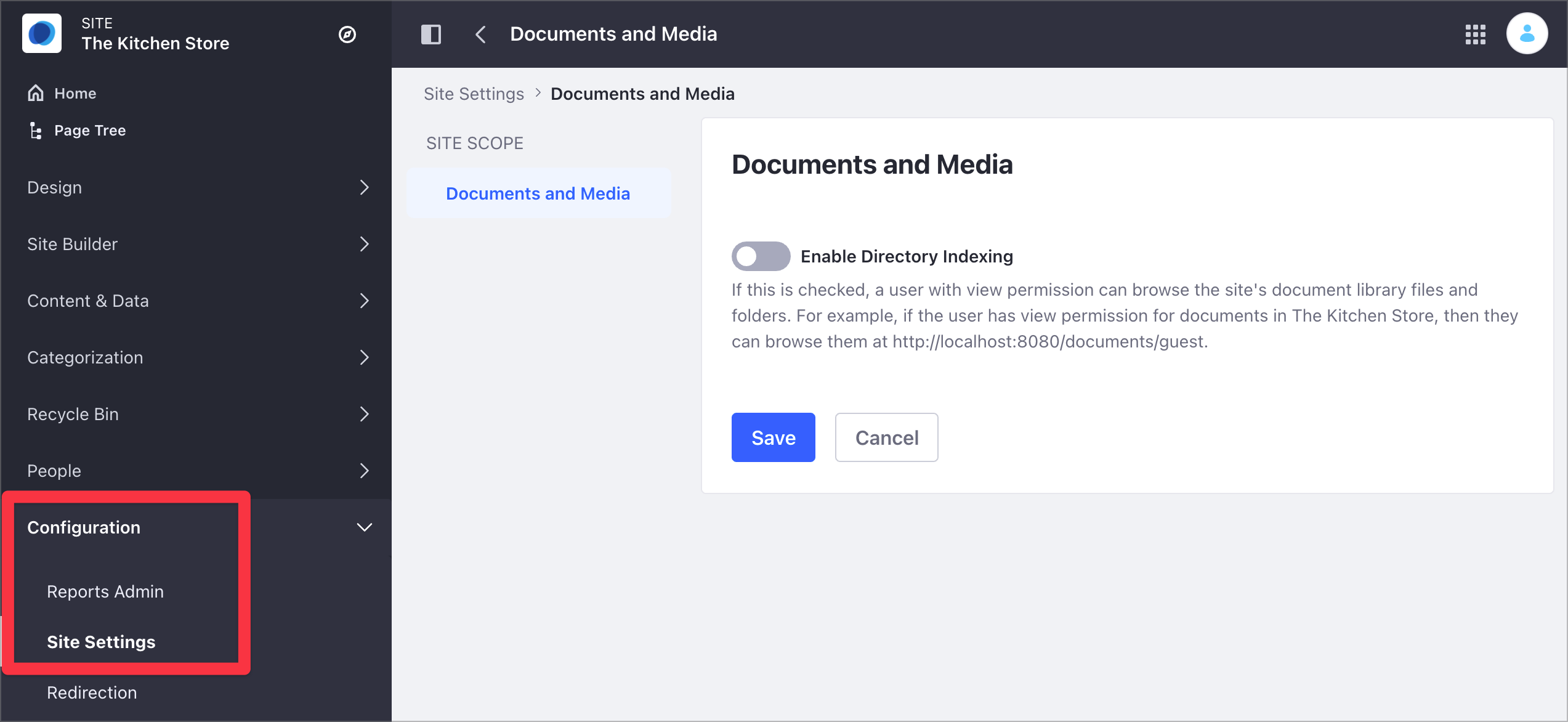 In Liferay DXP 7.4+, change the Enable Directory Indexing option from the Site Settings section.