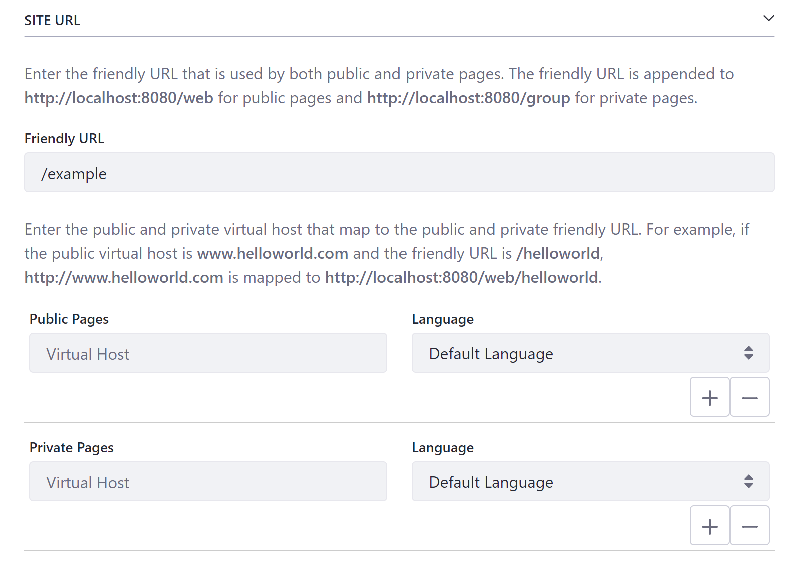 ［サイトURL］セクションでは、サイトのフレンドリURLと、公開ページと非公開ページのバーチャルホストを設定できます。