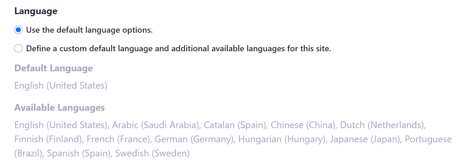 サイト設定の［言語］タブから言語オプションを更新できます。
