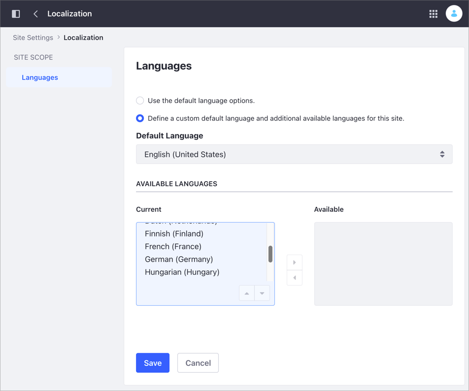 Use the Localization settings to set your Site language options.
