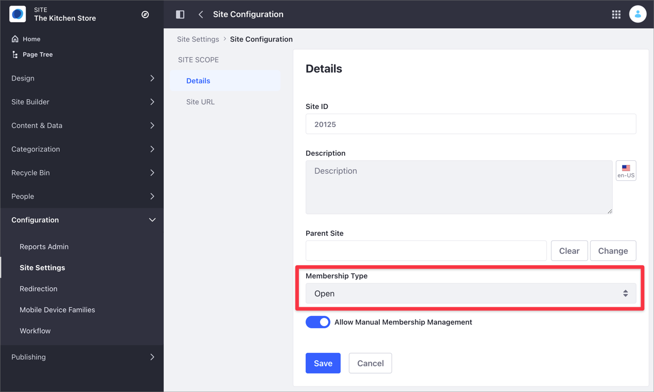 In previous Liferay DXP versions, change the Site membership type from the Settings section.