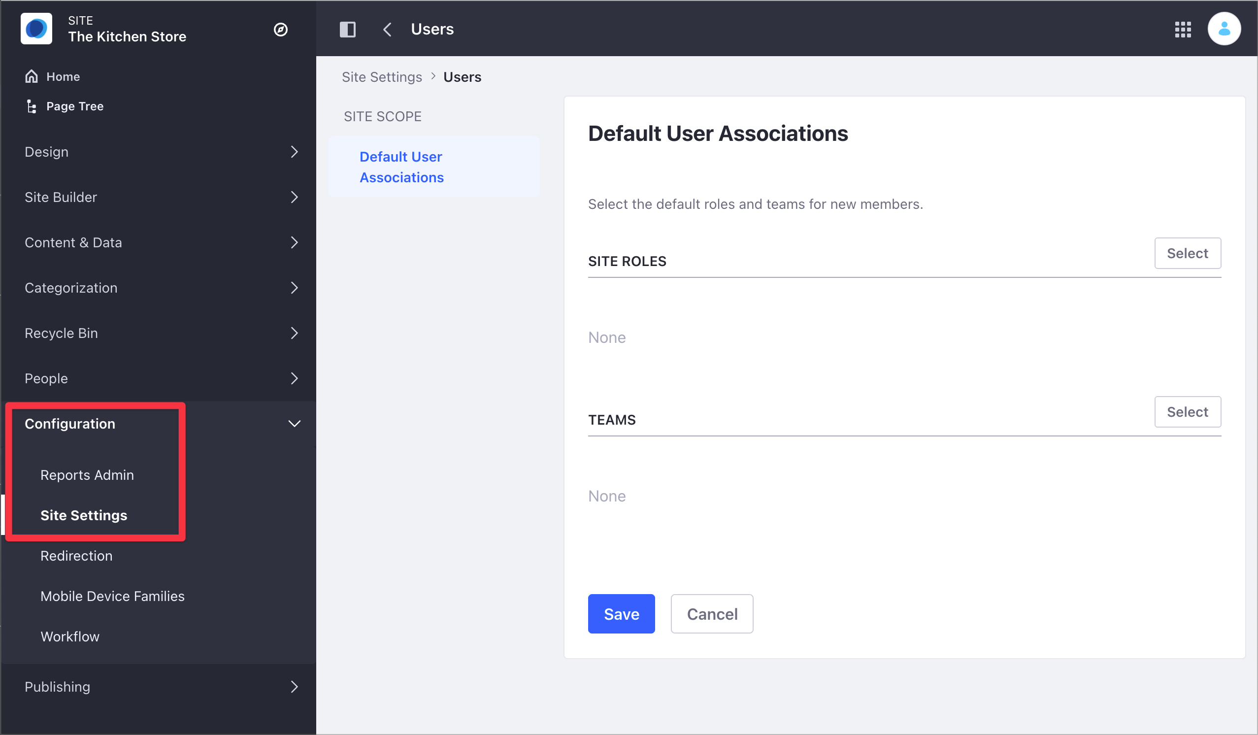 In previous Liferay DXP versions, change the Default User Associations from the Settings section.