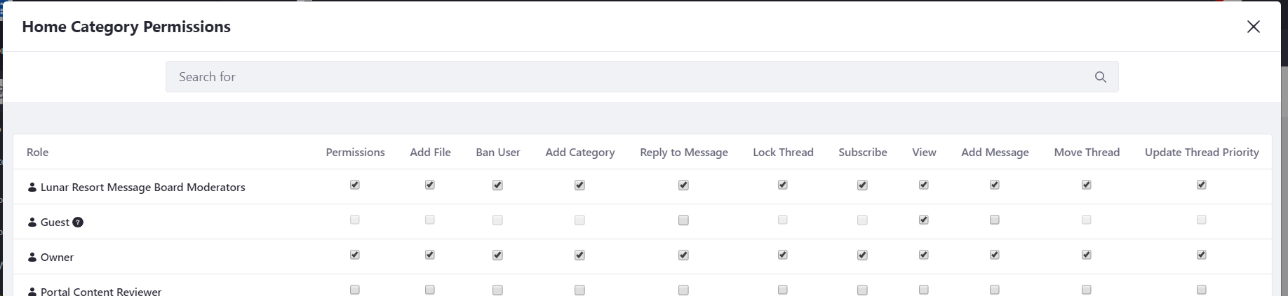 The Lunar Resort message board moderators site team has unlimited permissions on the message boards application.
