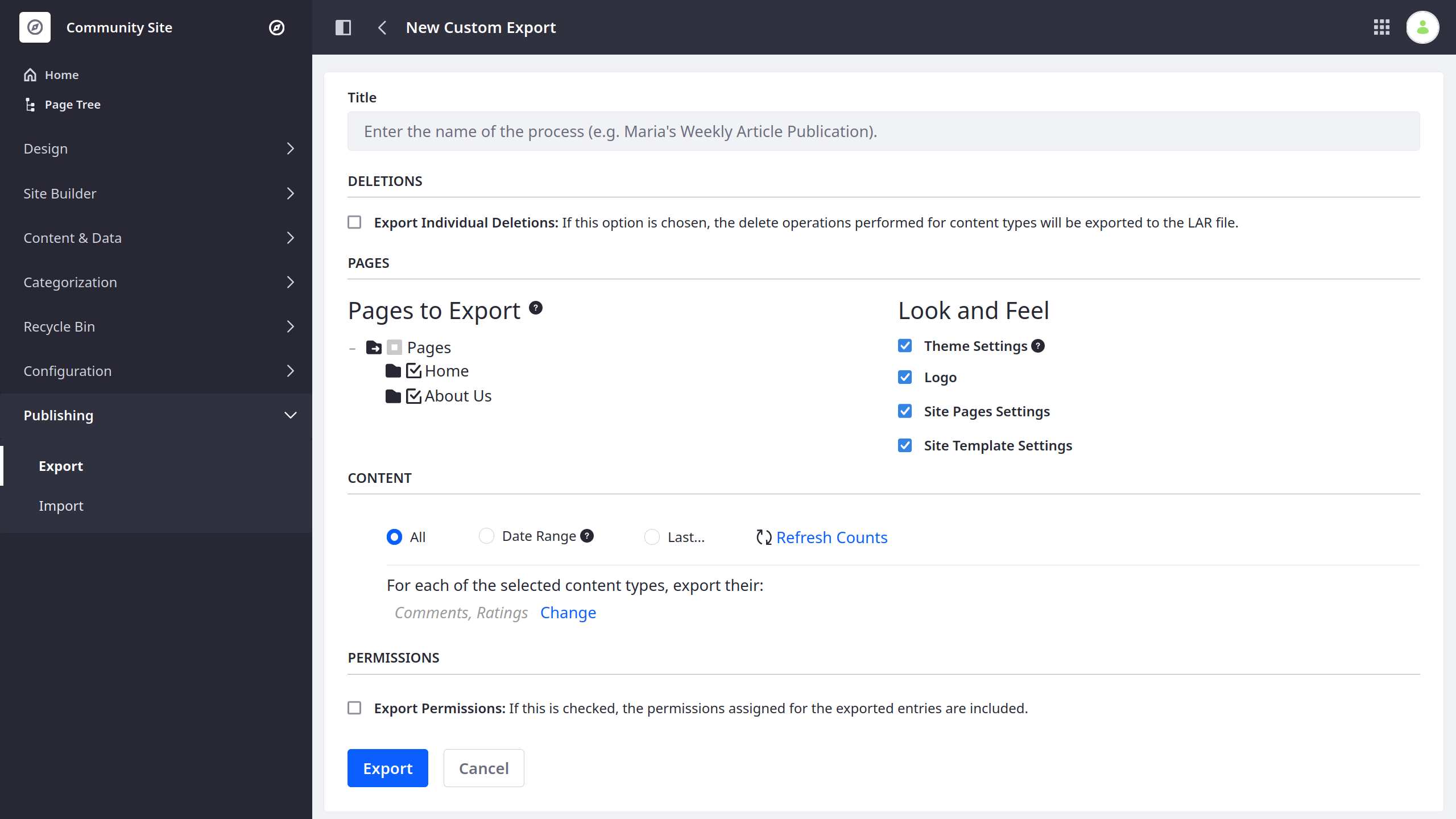 Name and configure the template export process.