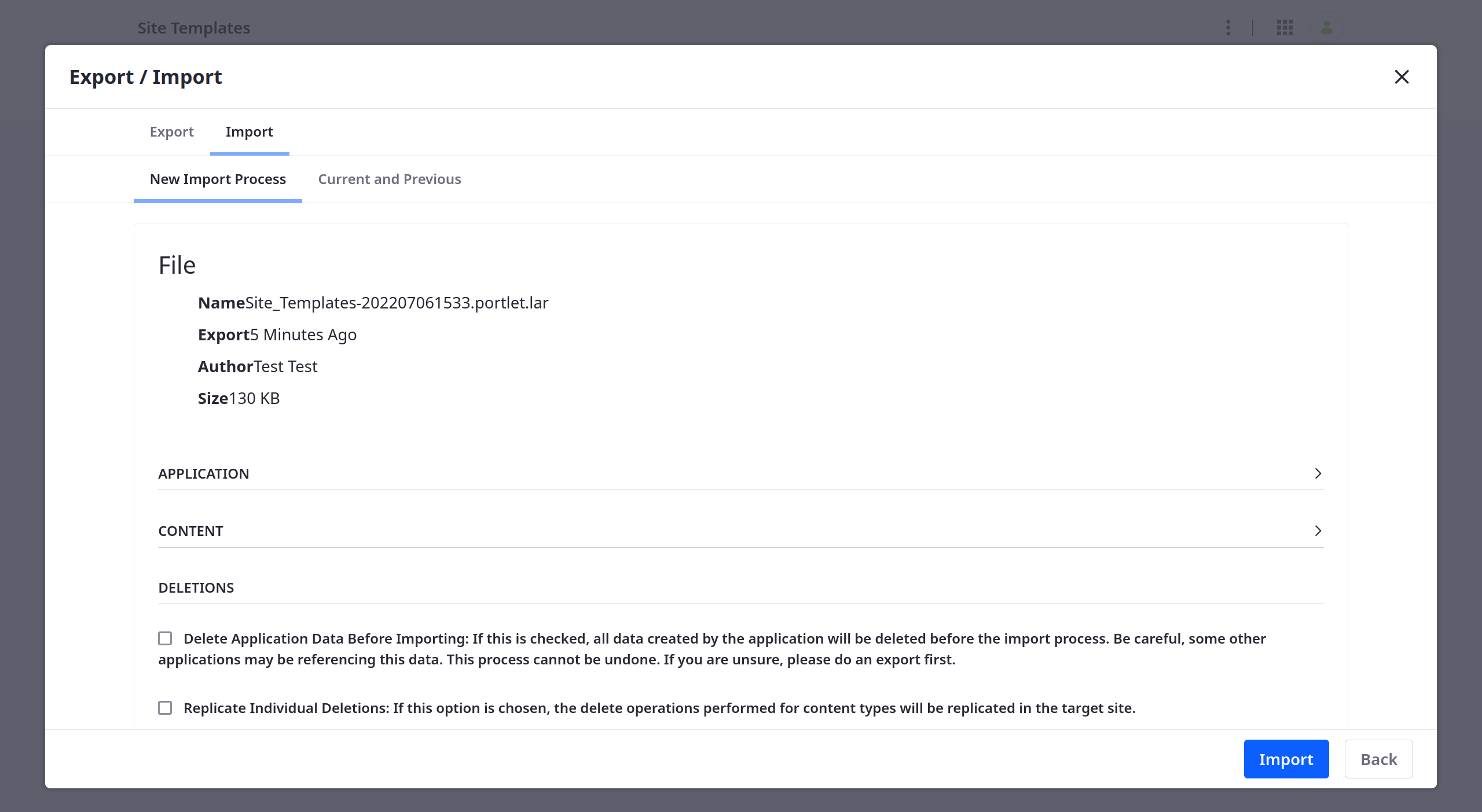 Go to the Import tab to import a LAR file with multiple site templates.