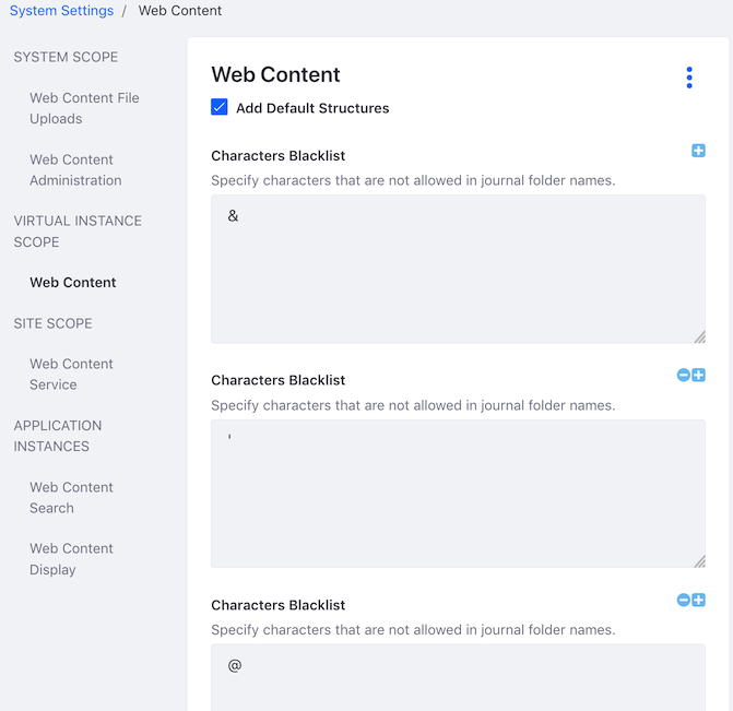 The Web Content System Settings entry has many Characters Blacklist fields.