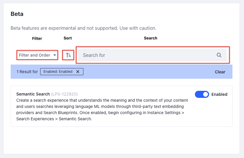 You can search, sort, or filter beta features.