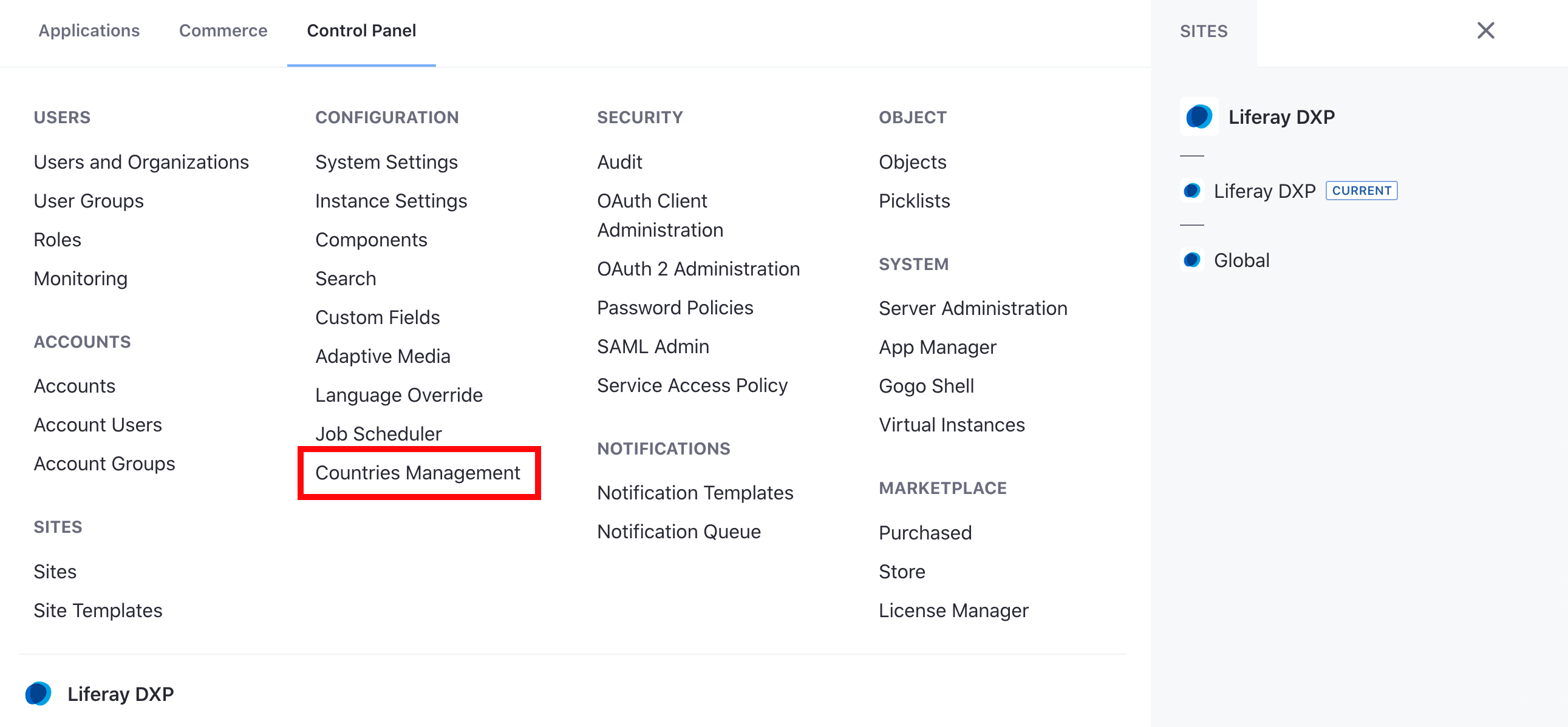 See the Countries Management app in the UI.