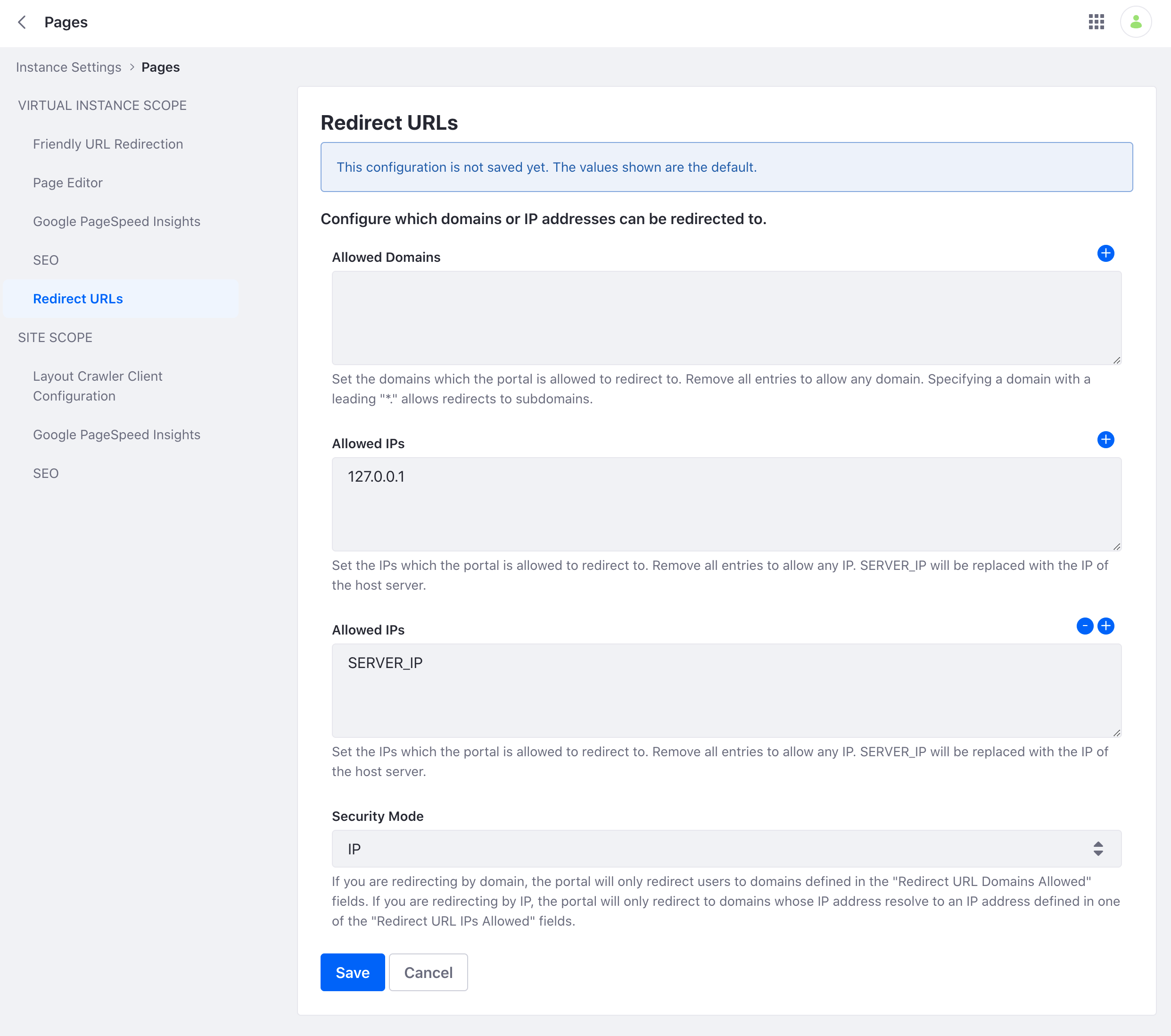 Navigate to Redirect URLs under Instance Settings