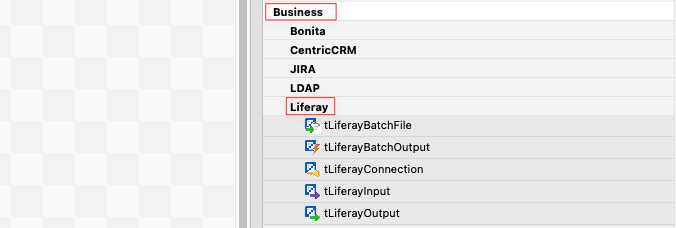 The components appear under Business → Liferay in the Palette tab.