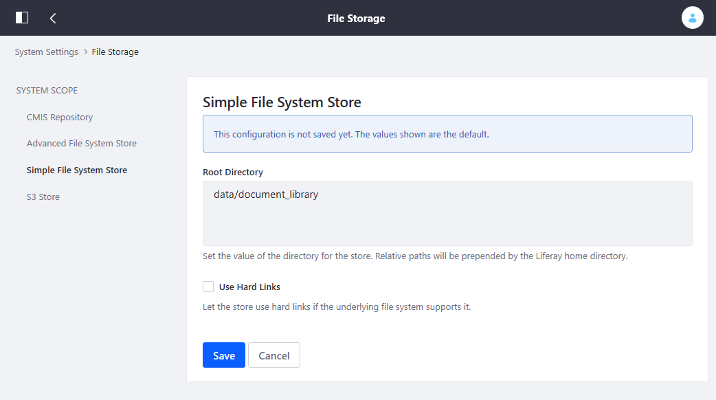 The File Storage page in System Settings lets you configure document repository storage.