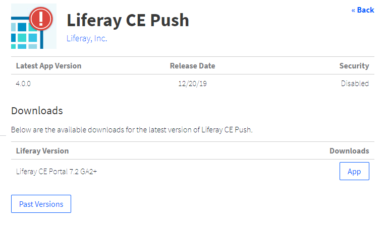 The app's page provides an App link for downloading the current app version and a Past Versions link for viewing older versions of the app.