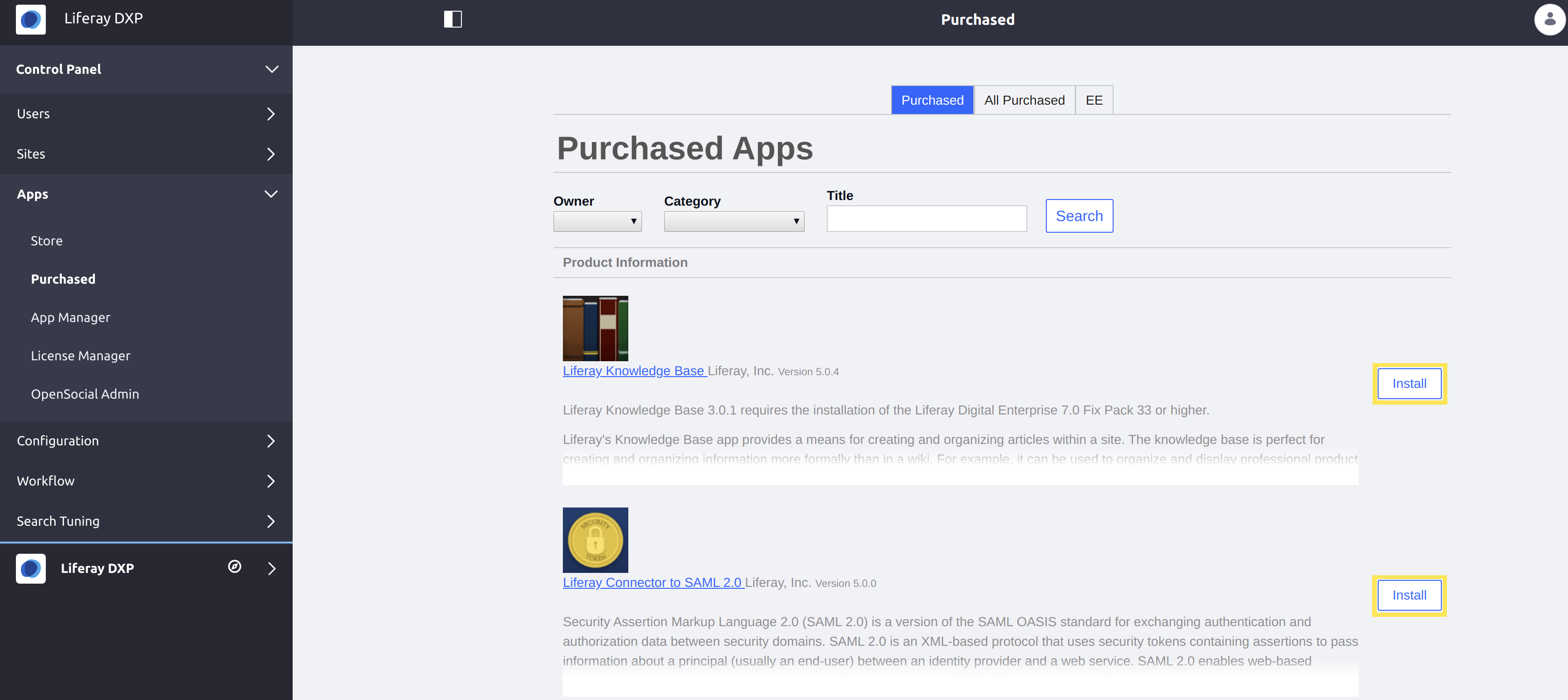 コントロールパネルに表示される［Purchased Apps］画面。