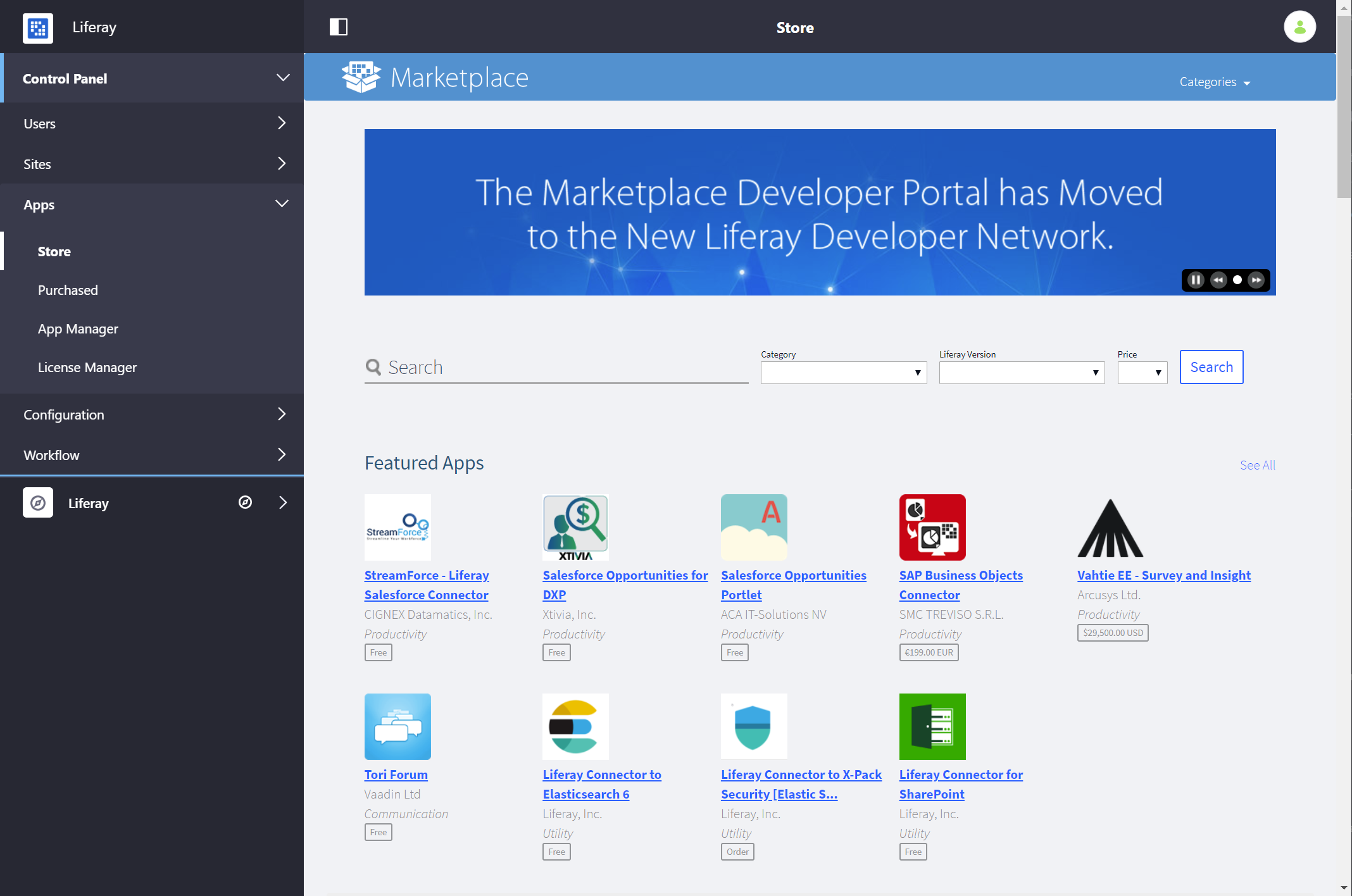 The Liferay Marketplace home page highlights new apps, lists apps by categories, and has search.