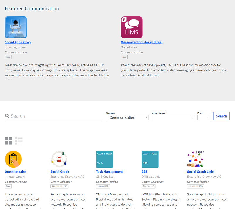 Each app category page, such as the Communication app page, lists the apps published to that category.