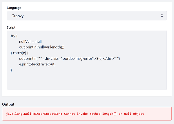 Here's an example of a Groovy script that catches exceptions and prints exception information to the Script Console.