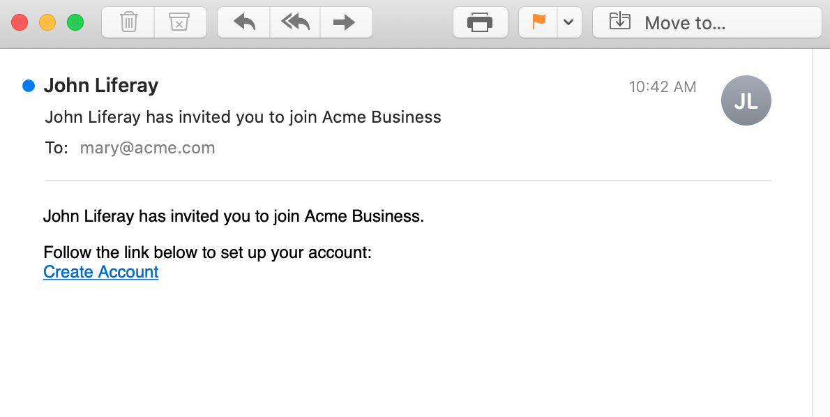 The person receives an email invitation to create a new user account.