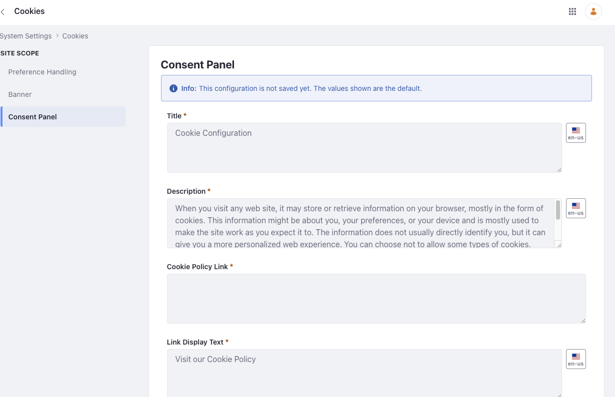Find customizable options for the consent panel under the Consent Panel tab.