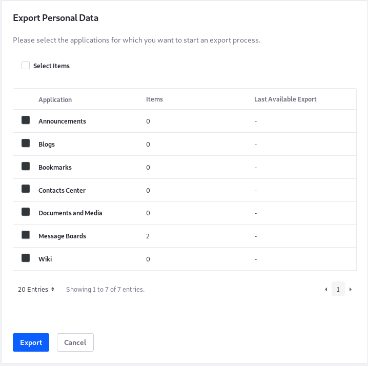 The Export Personal Data tool lets you export all or some of the User's data.