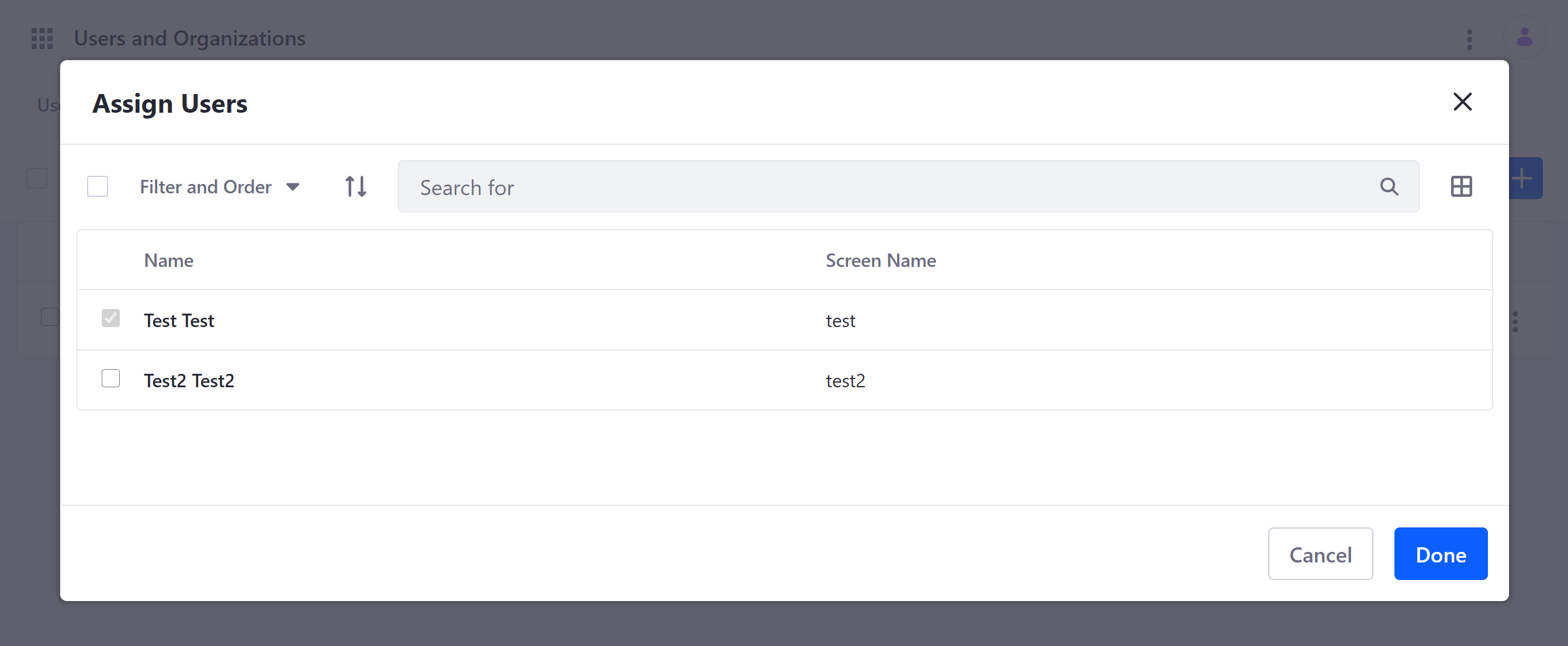 Select the Users you want to assign to the Organization, and click on Done when finished.