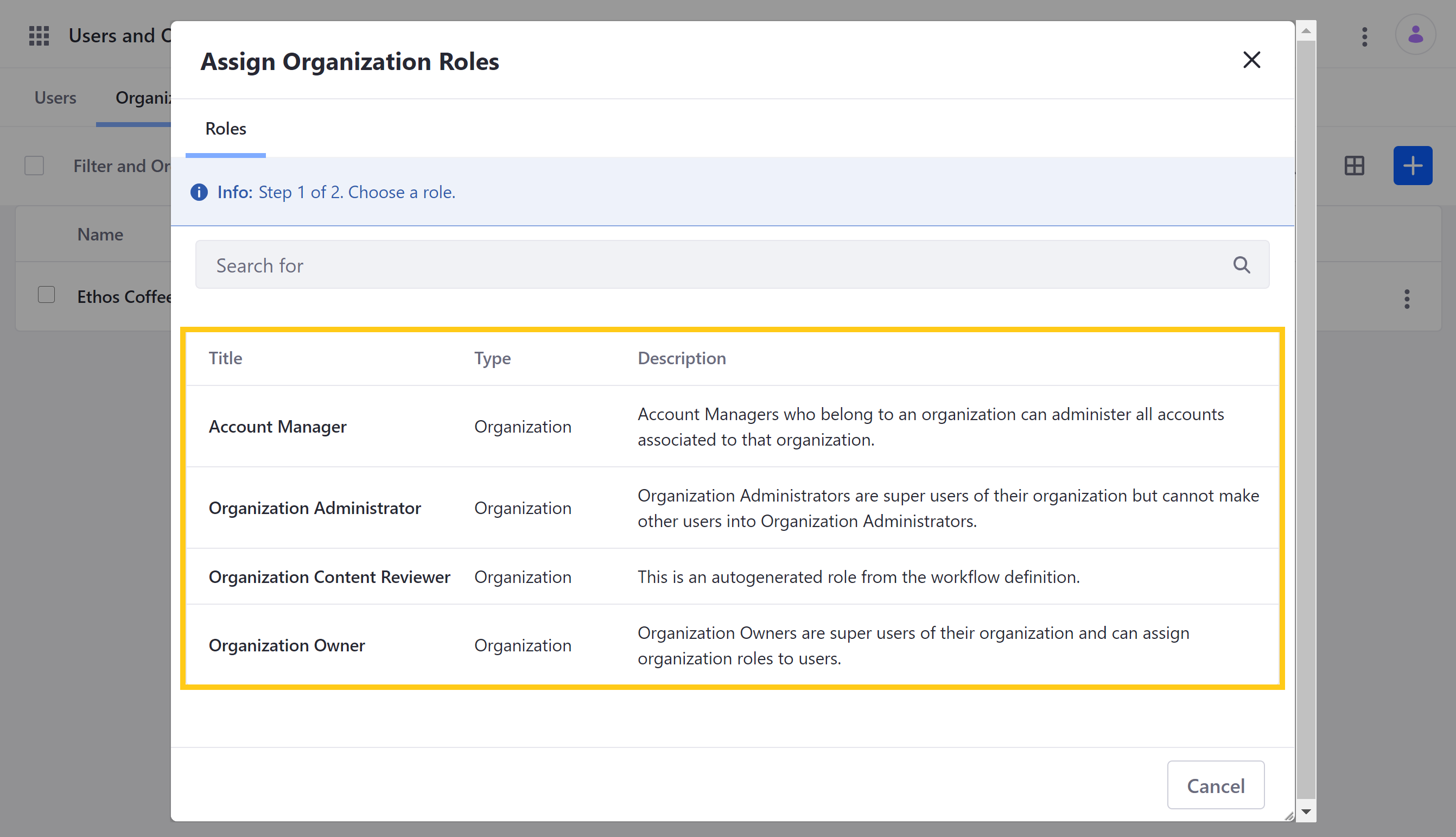 Click on the Organization role you want to assign to Users
