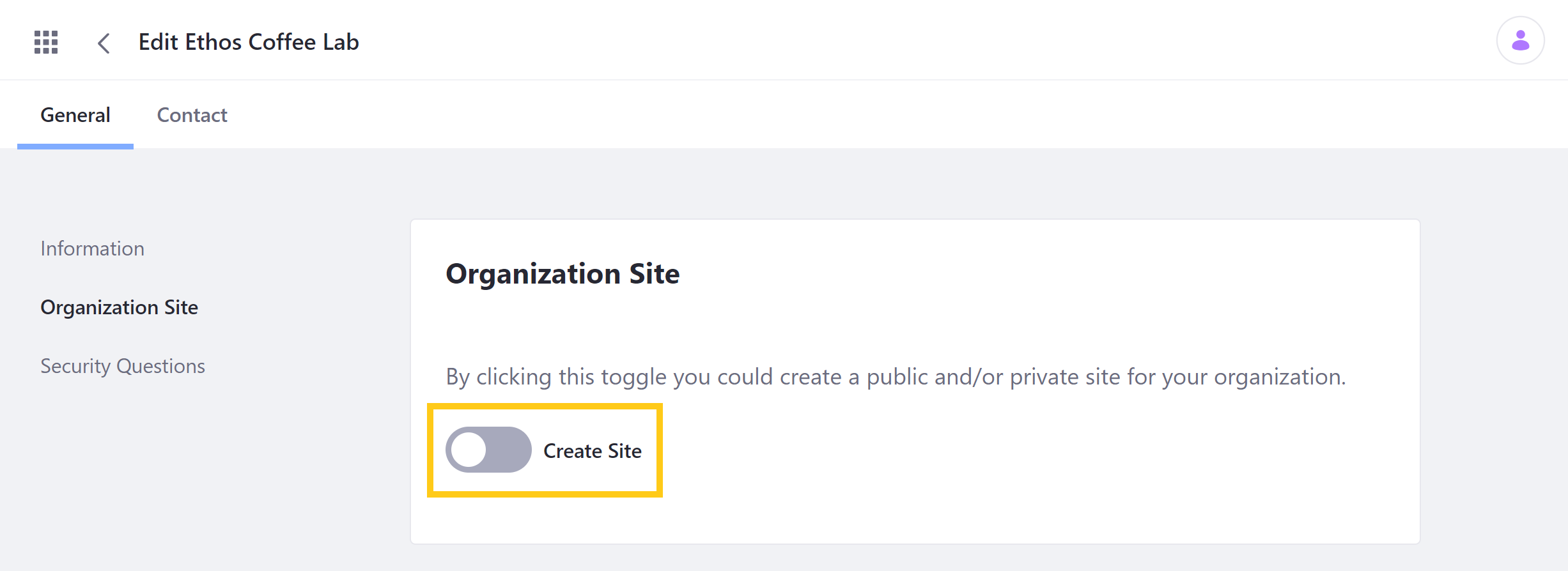Toggle the Create Site button.