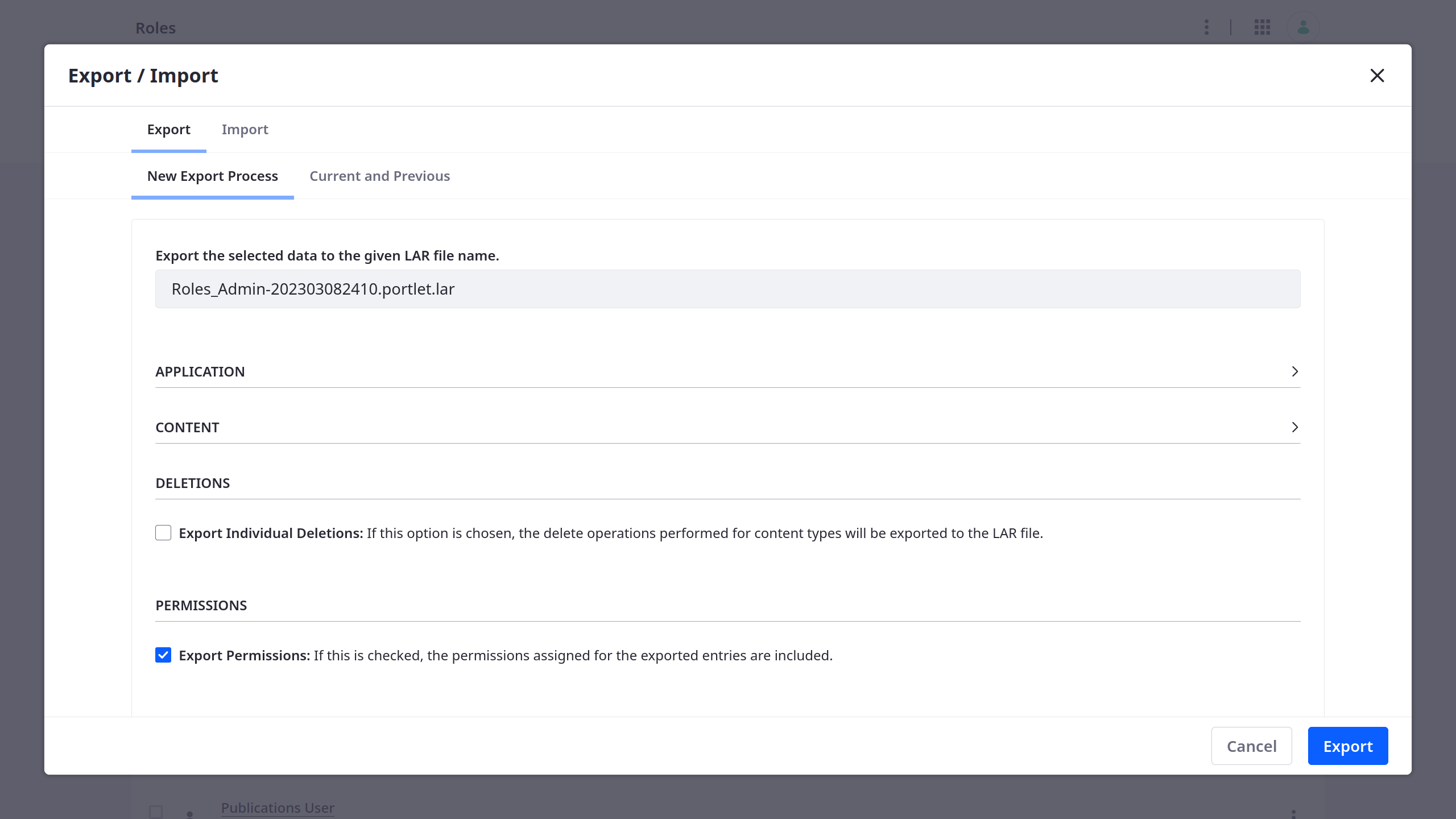 Configure and review export/import processes.