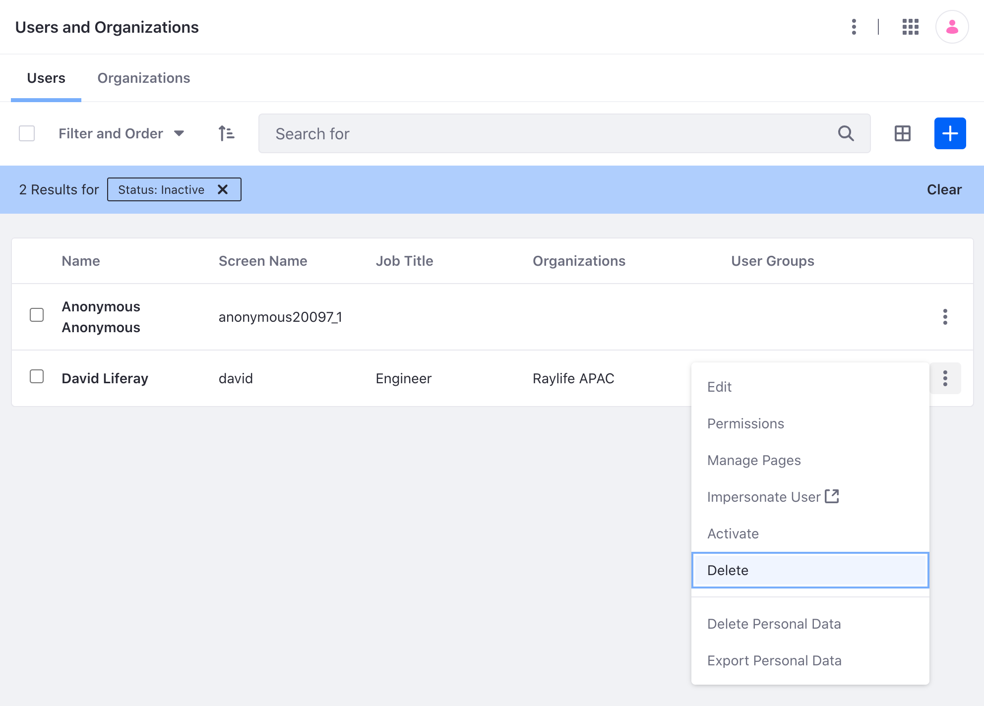 To delete users, first filter to show inactive or deactivated users.