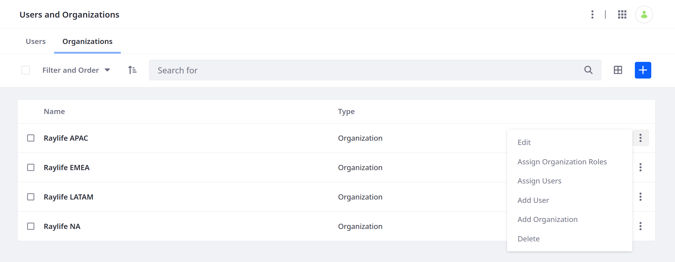 Create Organizations to organize users.