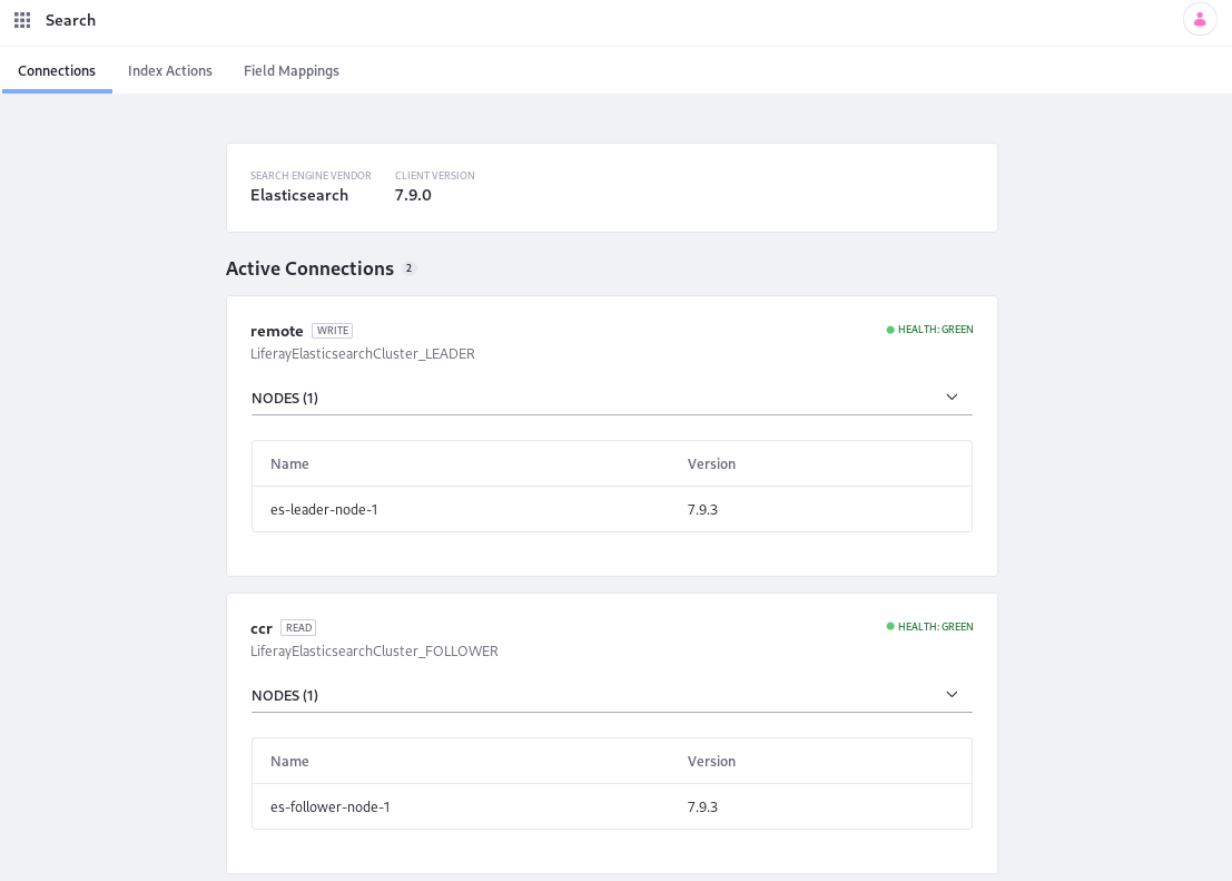 Verify the Elasticsearch 7 connections in the Search administration panel.